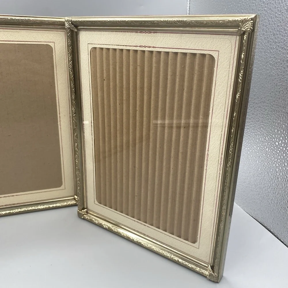 Mid Century Brass Tri-Fold Hinged Frame‎ 8 X 10 Ornate Fold Flat Hinges Etched